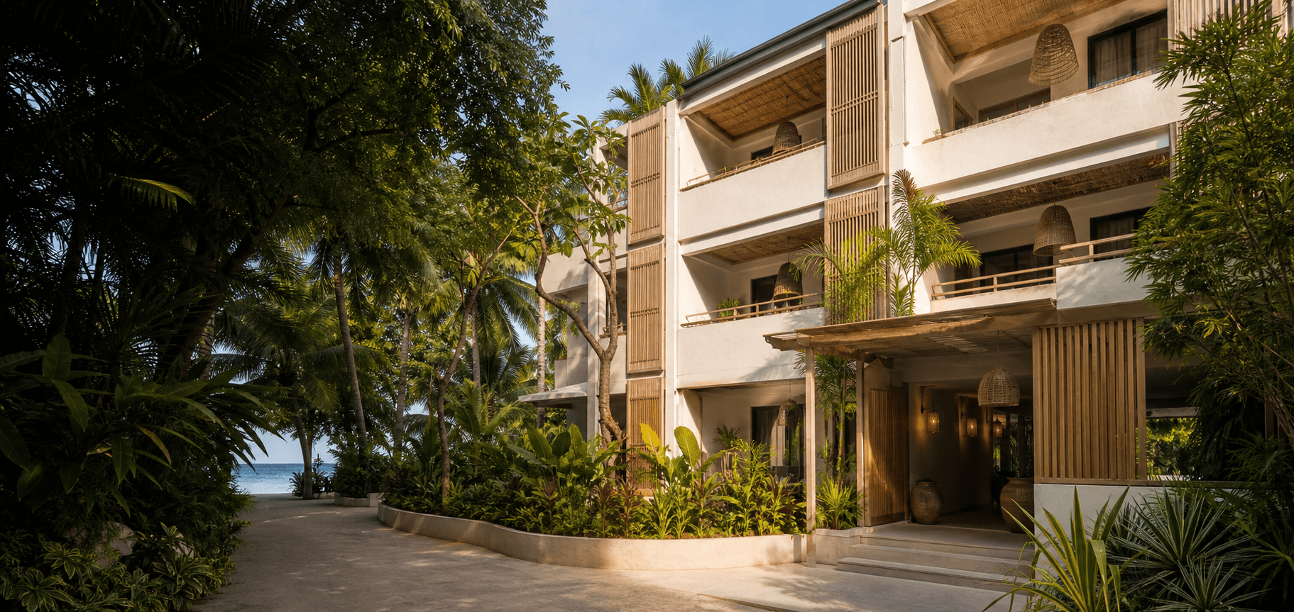 Azure Sands condotel exterior surrounded by tropical greenery