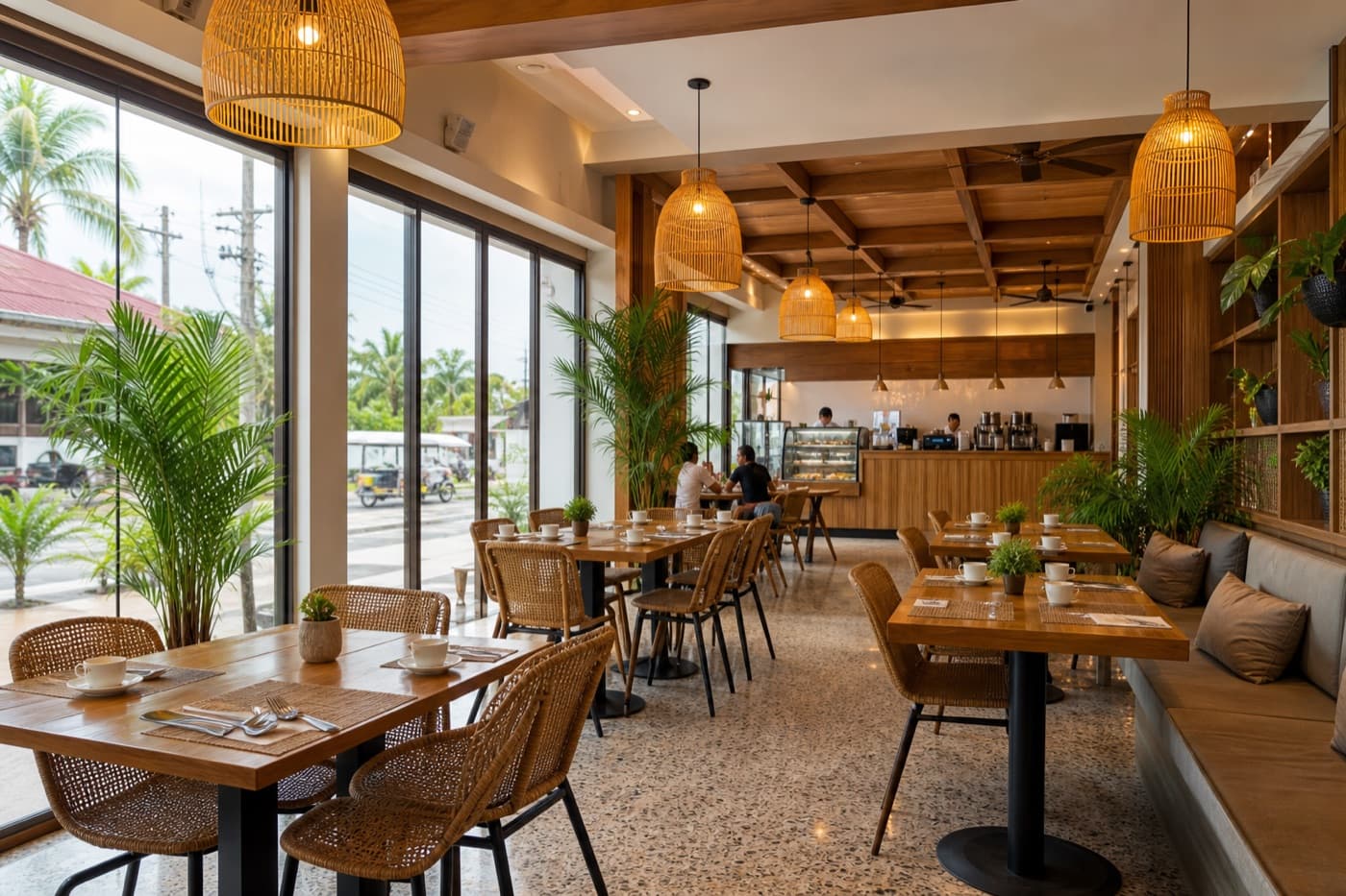 The dining room at Azure Sands Cafe, rattan pendants over wooden tables