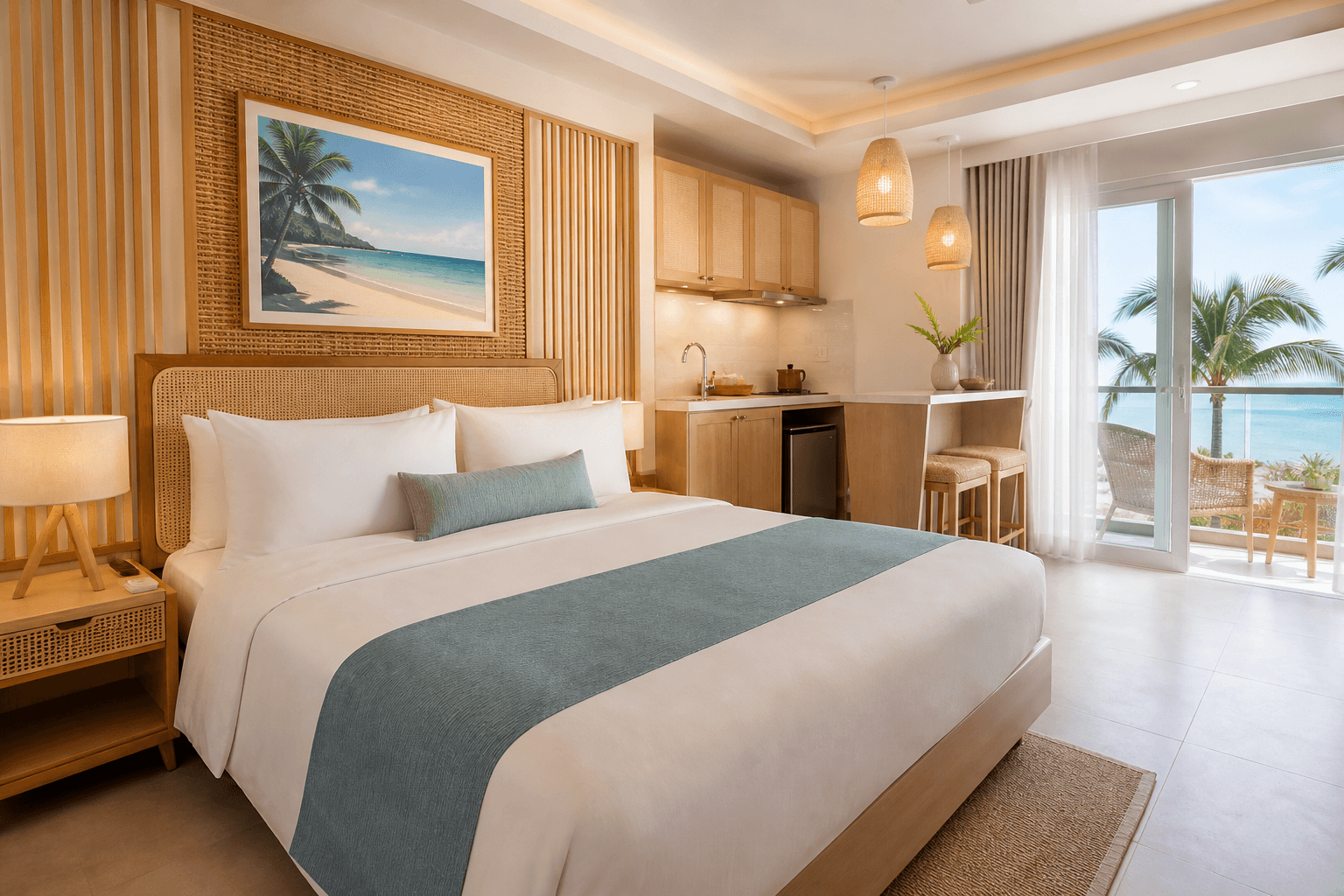 Deluxe Studio queen bedroom in warm sand and woven island textures