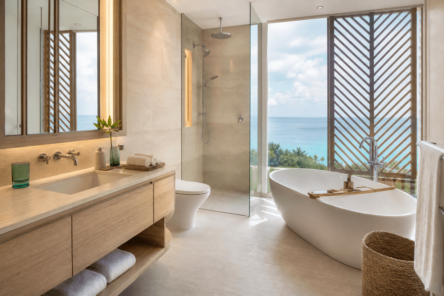Ocean View Suite bathroom with a deep soaking tub and sea view