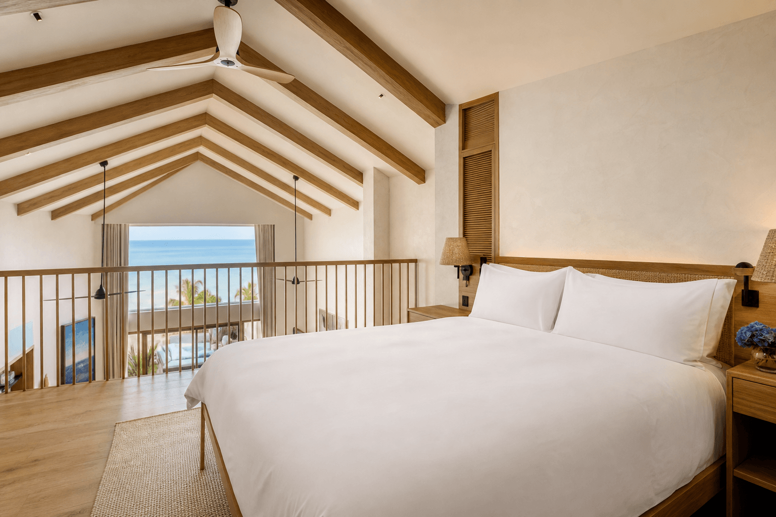 Premium Loft king bed upstairs beneath the eaves